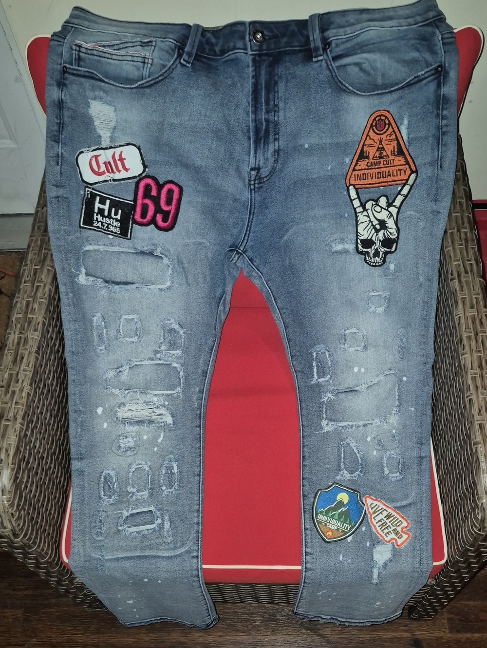 Cult Of Individuality Men's Blue Distressed Patchwork Jeans - Details